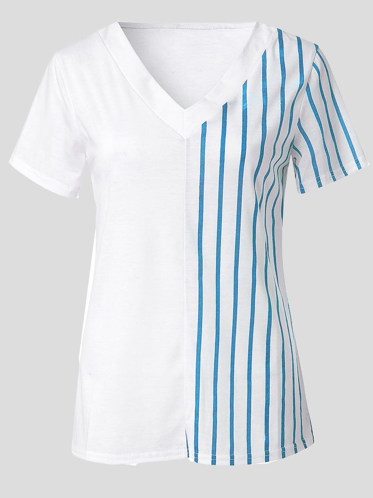 Striped V-neck Short-sleeved T-shirt - T-shirts - INS | Online Fashion Free Shipping Clothing, Dresses, Tops, Shoes - 10-20 - 13/07/2021 - color-white