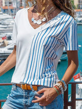 Striped V-neck Short-sleeved T-shirt - T-shirts - INS | Online Fashion Free Shipping Clothing, Dresses, Tops, Shoes - 10-20 - 13/07/2021 - color-white