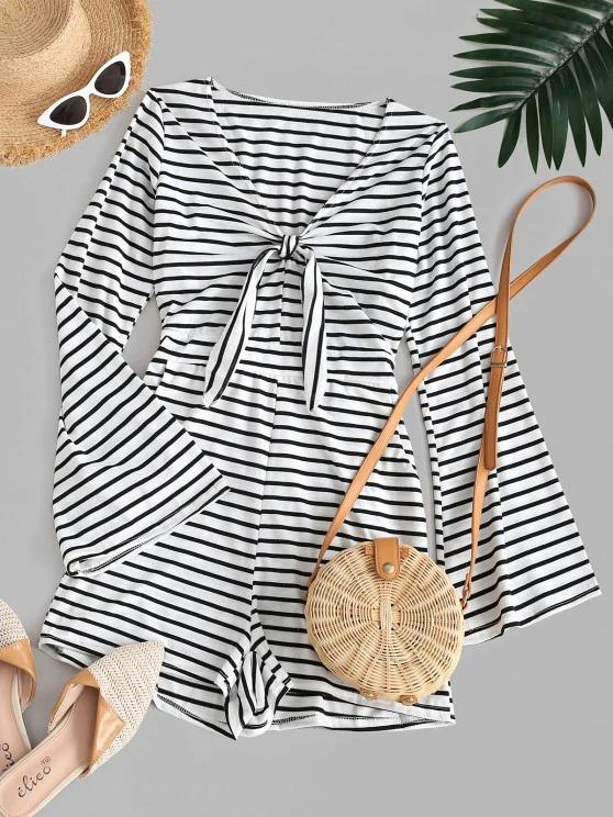 Stripes Flare Sleeve Tie Front Romper - INS | Online Fashion Free Shipping Clothing, Dresses, Tops, Shoes