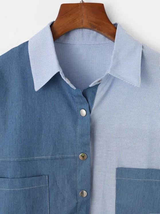 Stripes Panel Front Pocket Chambray Shirt - INS | Online Fashion Free Shipping Clothing, Dresses, Tops, Shoes