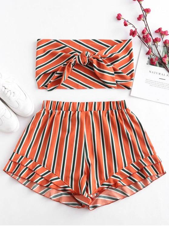 Stripes Tie Front Bandeau Top Set - INS | Online Fashion Free Shipping Clothing, Dresses, Tops, Shoes