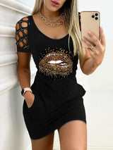 Studded Cutout Lip Pattern Pocket Design Bodycon Dress - Bodycon Dresses - INS | Online Fashion Free Shipping Clothing, Dresses, Tops, Shoes - 30/04/2021 - Bodycon Dresses - Color_Black