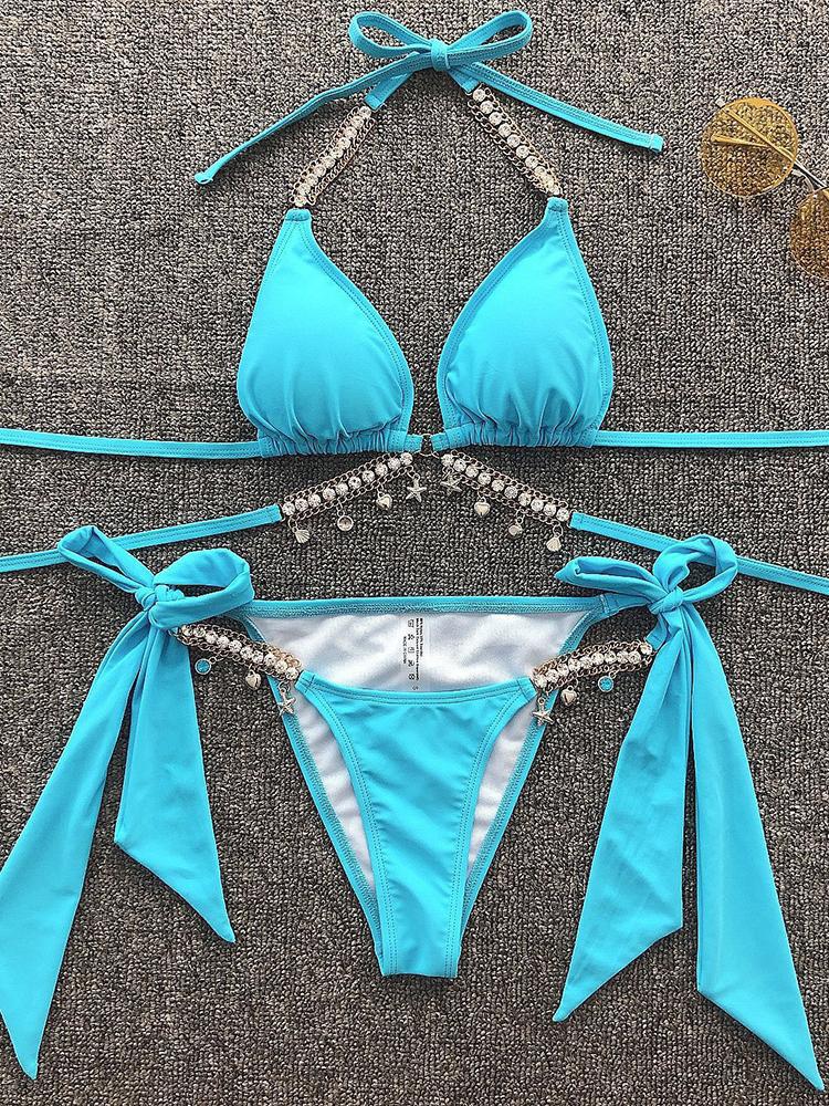 Studded Shell Pattern Halter Padded Bikini Set - Bikinis - INS | Online Fashion Free Shipping Clothing, Dresses, Tops, Shoes - 27/04/2021 - BIK210427077 - Bikinis