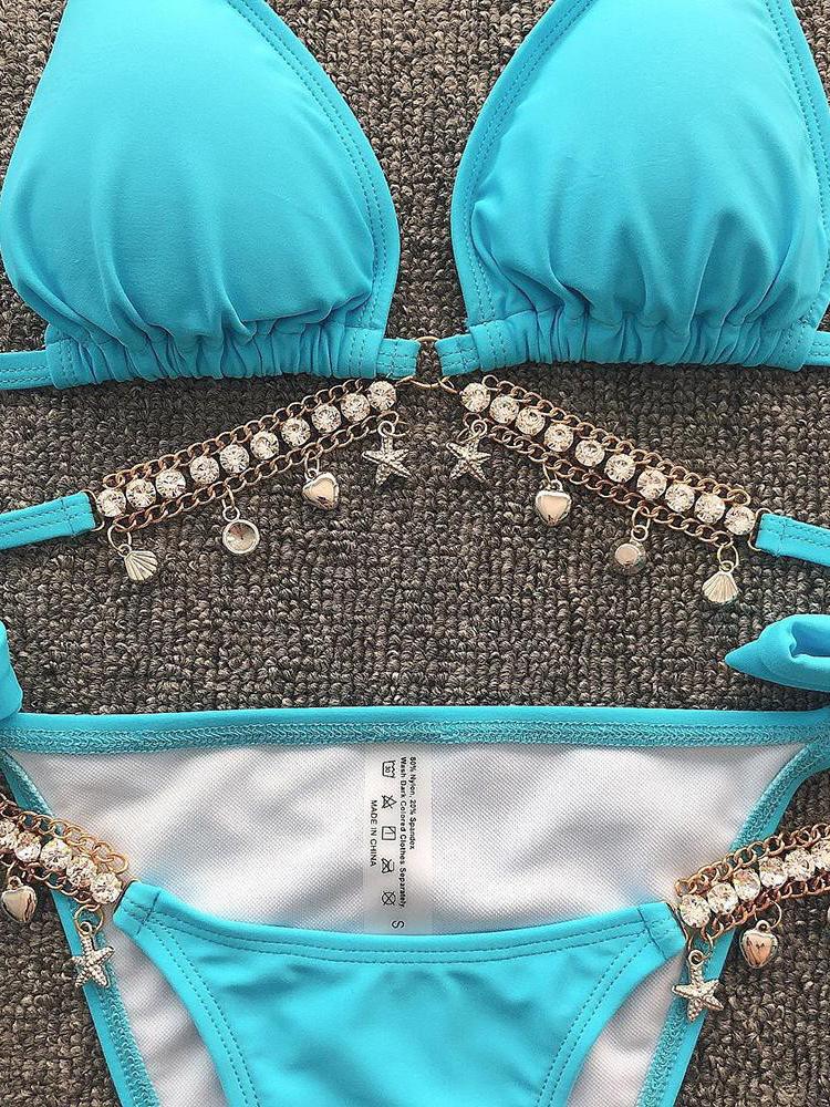 Studded Shell Pattern Halter Padded Bikini Set - Bikinis - INS | Online Fashion Free Shipping Clothing, Dresses, Tops, Shoes - 27/04/2021 - BIK210427077 - Bikinis