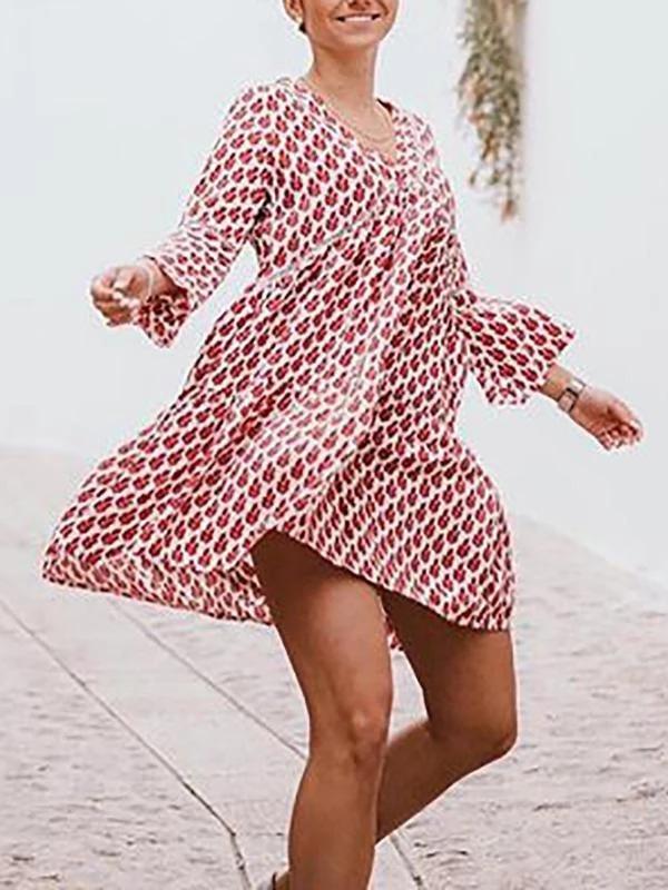 Stunning V-Neck 3/4 Sleeve Printed Mini Dress - Mini Dresses - INS | Online Fashion Free Shipping Clothing, Dresses, Tops, Shoes - "Color_Red - 20/04/2021 - Category_Mini Dresses