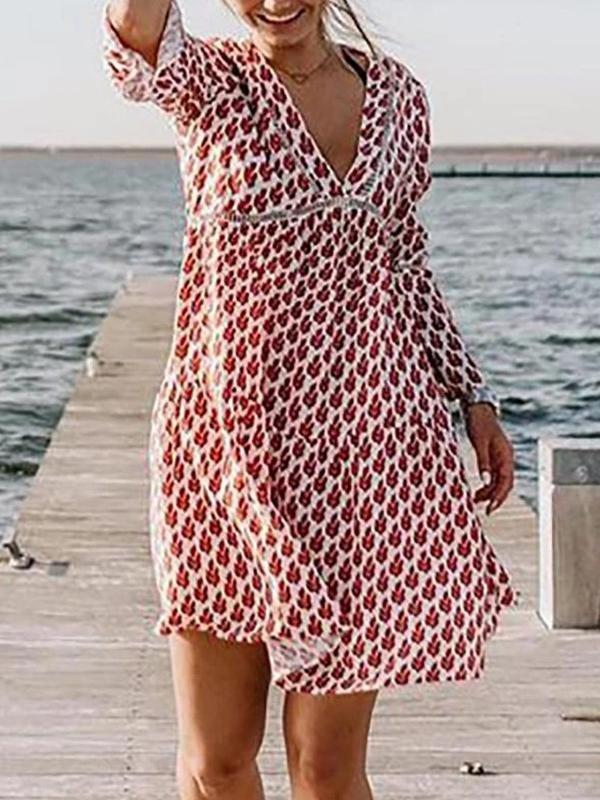 Stunning V-Neck 3/4 Sleeve Printed Mini Dress - Mini Dresses - INS | Online Fashion Free Shipping Clothing, Dresses, Tops, Shoes - "Color_Red - 20/04/2021 - Category_Mini Dresses