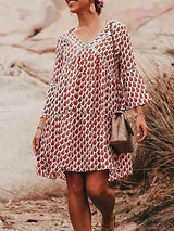 Stunning V-Neck 3/4 Sleeve Printed Mini Dress - Mini Dresses - INS | Online Fashion Free Shipping Clothing, Dresses, Tops, Shoes - "Color_Red - 20/04/2021 - Category_Mini Dresses