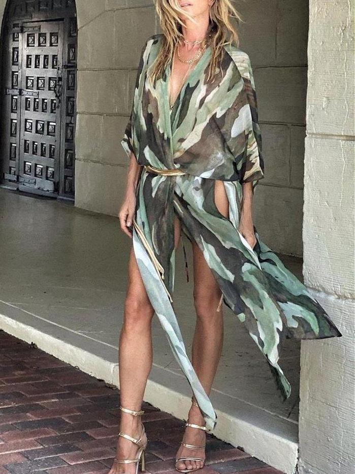 Summer Camo Print Deep V Neck Split Hem Outfit - Outfits - INS | Online Fashion Free Shipping Clothing, Dresses, Tops, Shoes - 13/05/2021 - 13052021 - 130521