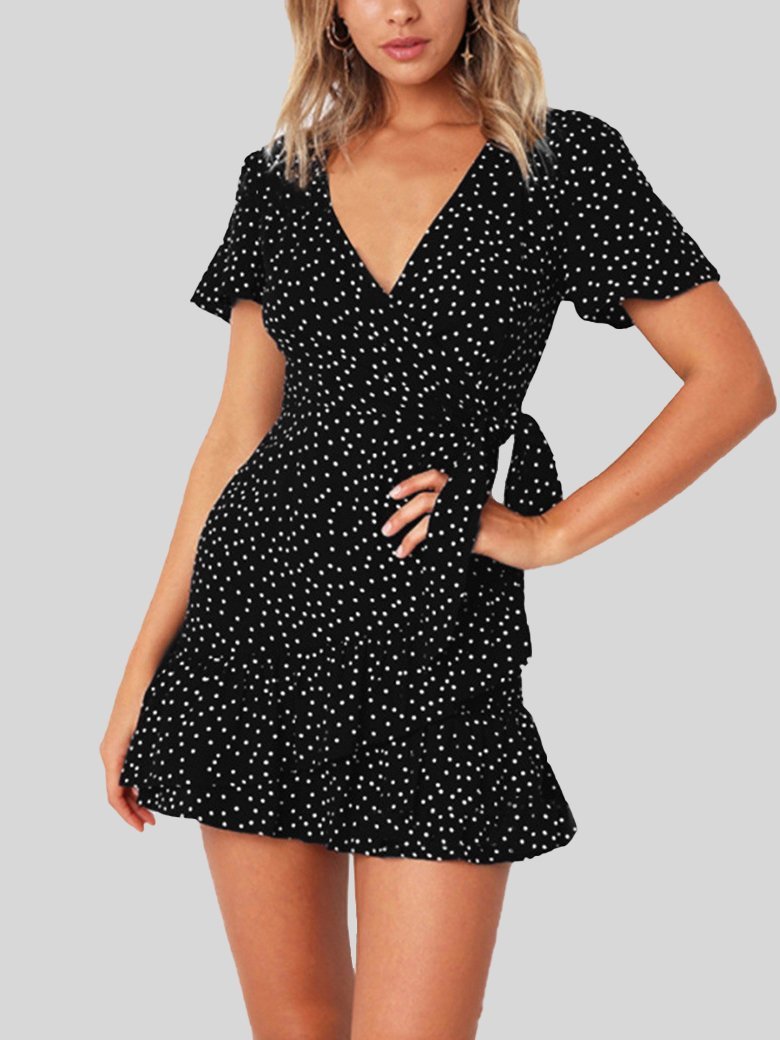 Summer Casual V Neck Print Ruffle Dress - Mini Dresses - INS | Online Fashion Free Shipping Clothing, Dresses, Tops, Shoes - 19/06/2021 - 20-30 - color-black