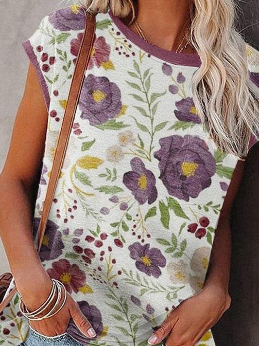 Summer Flower Print V-neck Sleeveless T-shirt - T-shirts - INS | Online Fashion Free Shipping Clothing, Dresses, Tops, Shoes - 10-20 - 29/06/2021 - color-brown
