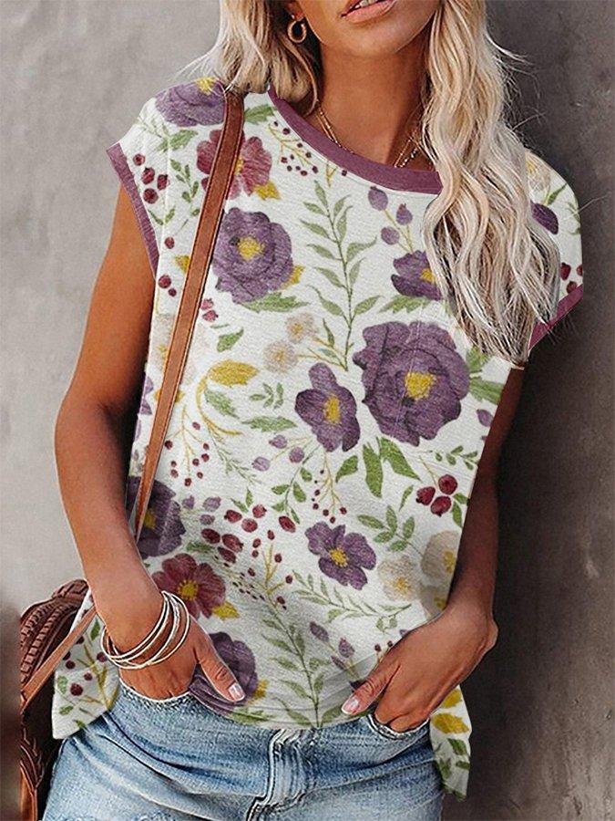 Summer Flower Print V-neck Sleeveless T-shirt - T-shirts - INS | Online Fashion Free Shipping Clothing, Dresses, Tops, Shoes - 10-20 - 29/06/2021 - color-brown