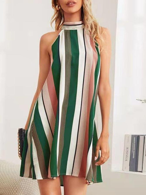 Summer Halter Stripes Print Dress - Mini Dresses - INS | Online Fashion Free Shipping Clothing, Dresses, Tops, Shoes - 19/06/2021 - 20-30 - color-green