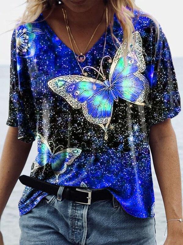 Summer Short-sleeved Butterfly Print T-shirt - T-shirts - INS | Online Fashion Free Shipping Clothing, Dresses, Tops, Shoes - 07/06/2021 - Color_Blue - Color_Gray