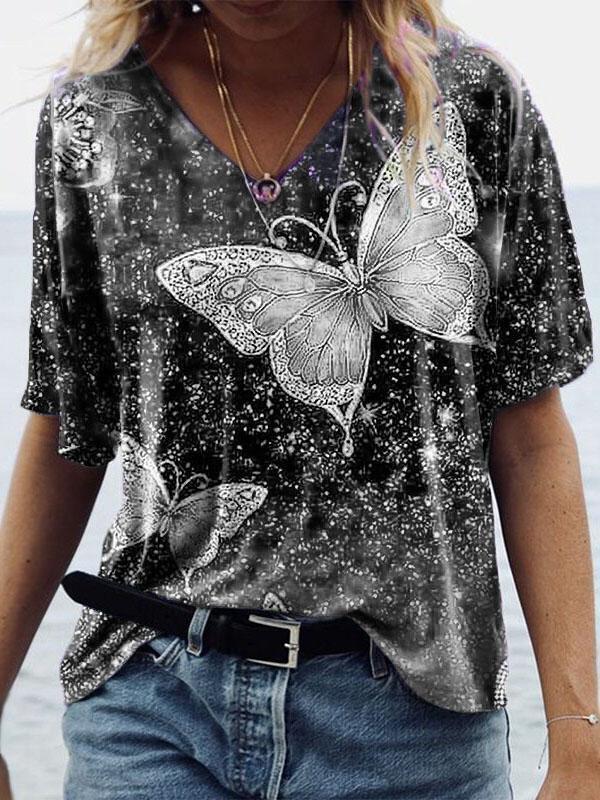 Summer Short-sleeved Butterfly Print T-shirt - T-shirts - INS | Online Fashion Free Shipping Clothing, Dresses, Tops, Shoes - 07/06/2021 - Color_Blue - Color_Gray