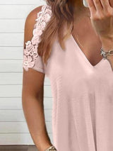 Summer Solid Lace Short-sleeved V-neck Top - T-shirts - INS | Online Fashion Free Shipping Clothing, Dresses, Tops, Shoes - 31/05/2021 - Color_Pink - LXQ