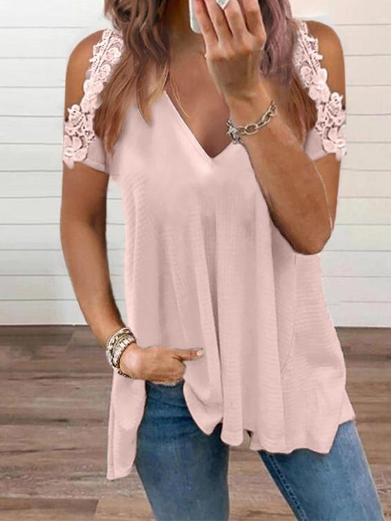 Summer Solid Lace Short-sleeved V-neck Top - T-shirts - INS | Online Fashion Free Shipping Clothing, Dresses, Tops, Shoes - 31/05/2021 - Color_Pink - LXQ