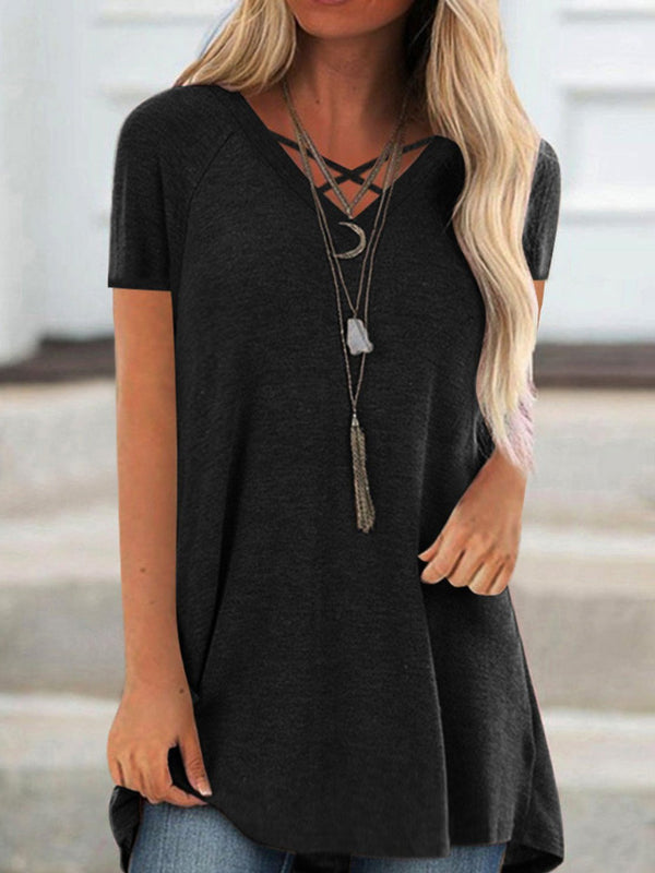 Summer Solid V-neck Loose Pullover T-shirt - T-shirts - INS | Online Fashion Free Shipping Clothing, Dresses, Tops, Shoes - 07/07/2021 - 10-20 - color-black