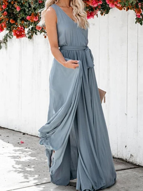 Summer Solid V-neck Sleeveless Evening Dress - Maxi Dresses - INS | Online Fashion Free Shipping Clothing, Dresses, Tops, Shoes - 14/05/2021 - 140521 - Color_Light Blue