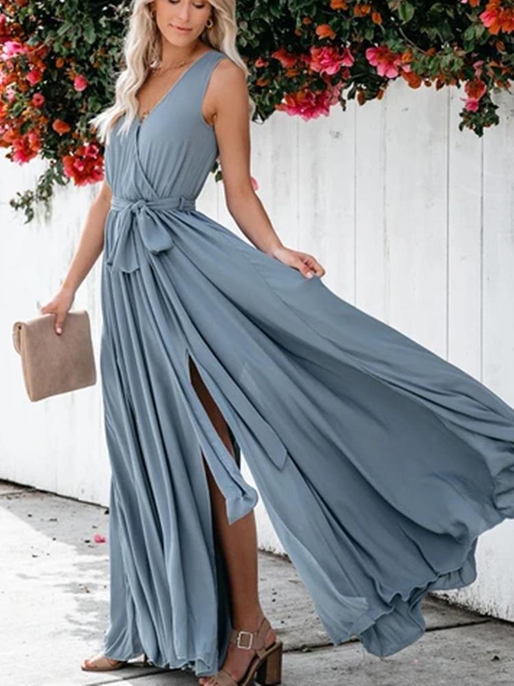 Summer Solid V-neck Sleeveless Evening Dress - Maxi Dresses - INS | Online Fashion Free Shipping Clothing, Dresses, Tops, Shoes - 14/05/2021 - 140521 - Color_Light Blue