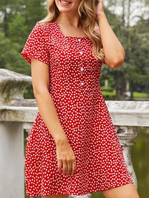 Summer Square Neck Print Dress - Mini Dresses - INS | Online Fashion Free Shipping Clothing, Dresses, Tops, Shoes - 19/06/2021 - 20-30 - color-red