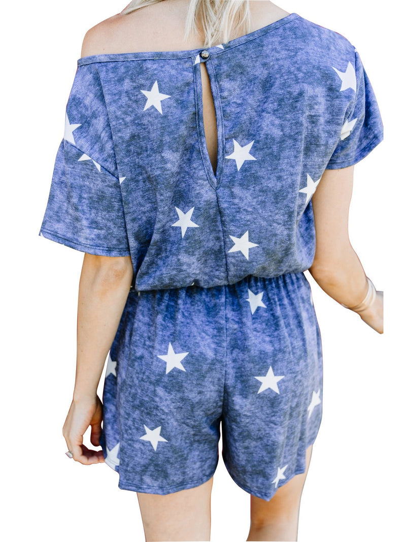 Summer Star Print Tie-dye Short-sleeved Jumpsuit - Jumpsuits - INS | Online Fashion Free Shipping Clothing, Dresses, Tops, Shoes - 24/05/2021 - Color_Black - Color_Blue