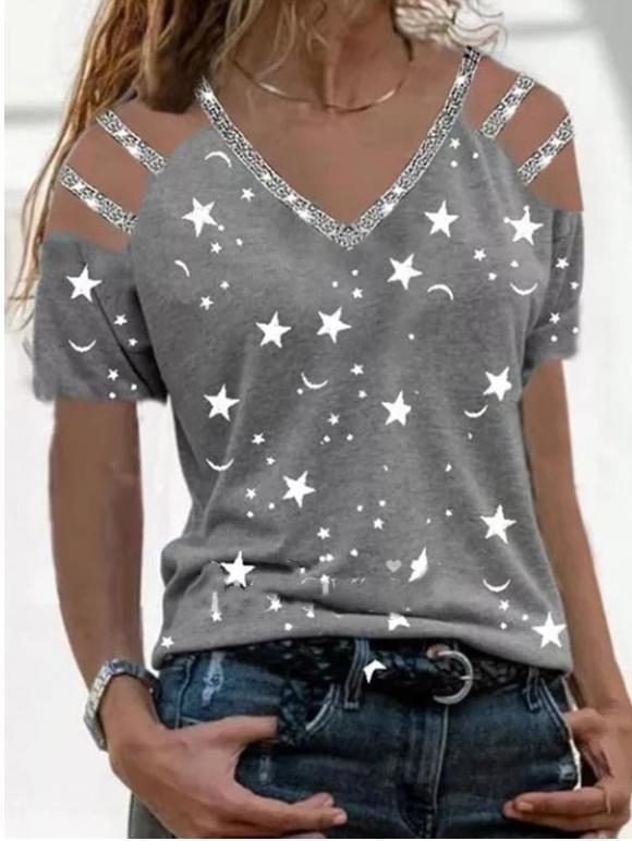 Summer Star Print V-neck Off-shoulder T-shirt - T-shirts - INS | Online Fashion Free Shipping Clothing, Dresses, Tops, Shoes - 18/06/2021 - 20-30 - color-gray