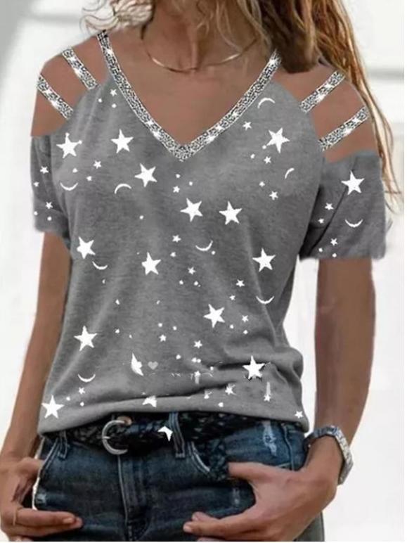 Summer Star Print V-neck Off-shoulder T-shirt - T-shirts - INS | Online Fashion Free Shipping Clothing, Dresses, Tops, Shoes - 18/06/2021 - 20-30 - color-gray