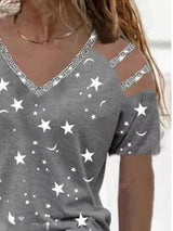 Summer Star Print V-neck Off-shoulder T-shirt - T-shirts - INS | Online Fashion Free Shipping Clothing, Dresses, Tops, Shoes - 18/06/2021 - 20-30 - color-gray