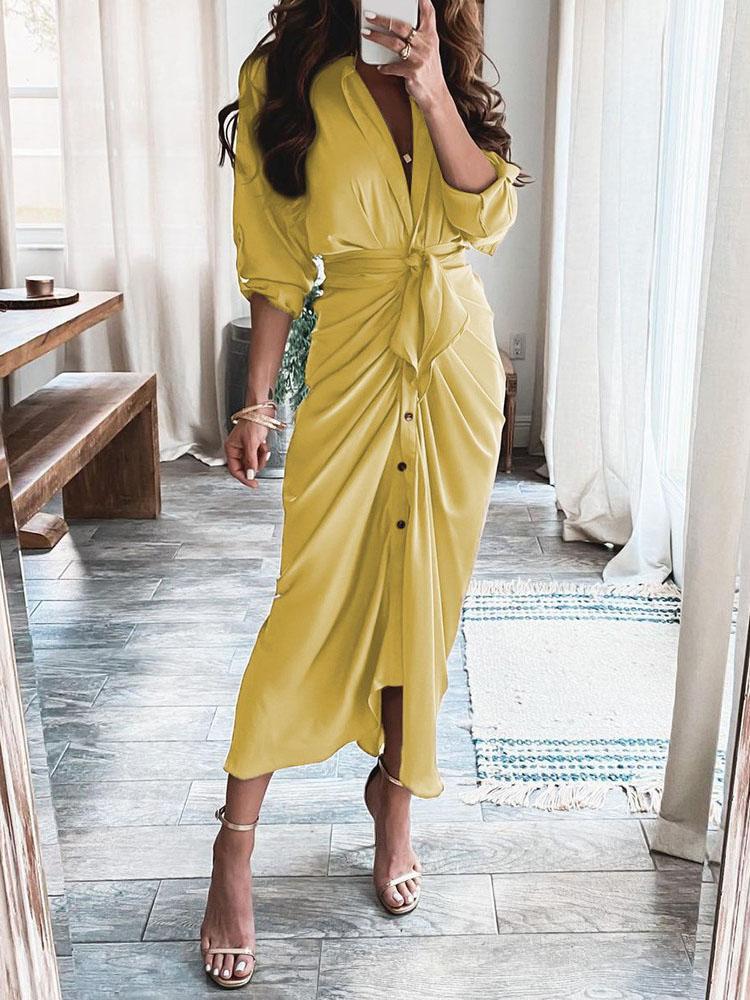 Summer V-neck Button Solid Long Dress - Midi Dresses - INS | Online Fashion Free Shipping Clothing, Dresses, Tops, Shoes - 20-30 - 25/06/2021 - color-khaki