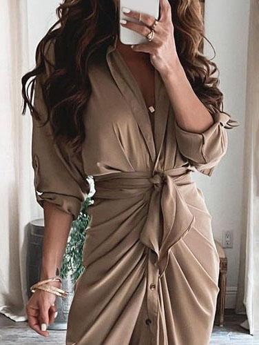 Summer V-neck Button Solid Long Dress - Midi Dresses - INS | Online Fashion Free Shipping Clothing, Dresses, Tops, Shoes - 20-30 - 25/06/2021 - color-khaki