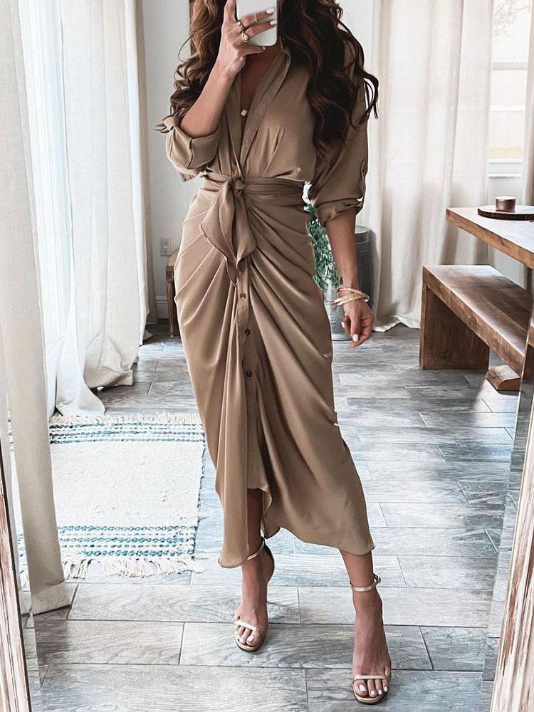 Summer V-neck Button Solid Long Dress - Midi Dresses - INS | Online Fashion Free Shipping Clothing, Dresses, Tops, Shoes - 20-30 - 25/06/2021 - color-khaki