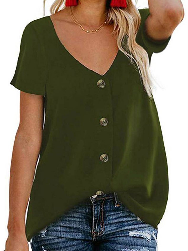 Summer V-neck Single-breasted Short-sleeved Top - T-shirts - INS | Online Fashion Free Shipping Clothing, Dresses, Tops, Shoes - 04/06/2021 - Color_Black - Color_Green