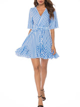 Summer V-neck Striped Belt Mini Dress - Mini Dresses - INS | Online Fashion Free Shipping Clothing, Dresses, Tops, Shoes - 03/06/2021 - Color_Blue - DRE2106030008