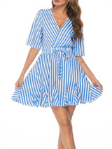 Summer V-neck Striped Belt Mini Dress - Mini Dresses - INS | Online Fashion Free Shipping Clothing, Dresses, Tops, Shoes - 03/06/2021 - Color_Blue - DRE2106030008