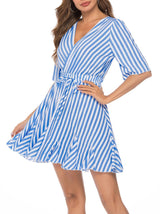 Summer V-neck Striped Belt Mini Dress - Mini Dresses - INS | Online Fashion Free Shipping Clothing, Dresses, Tops, Shoes - 03/06/2021 - Color_Blue - DRE2106030008