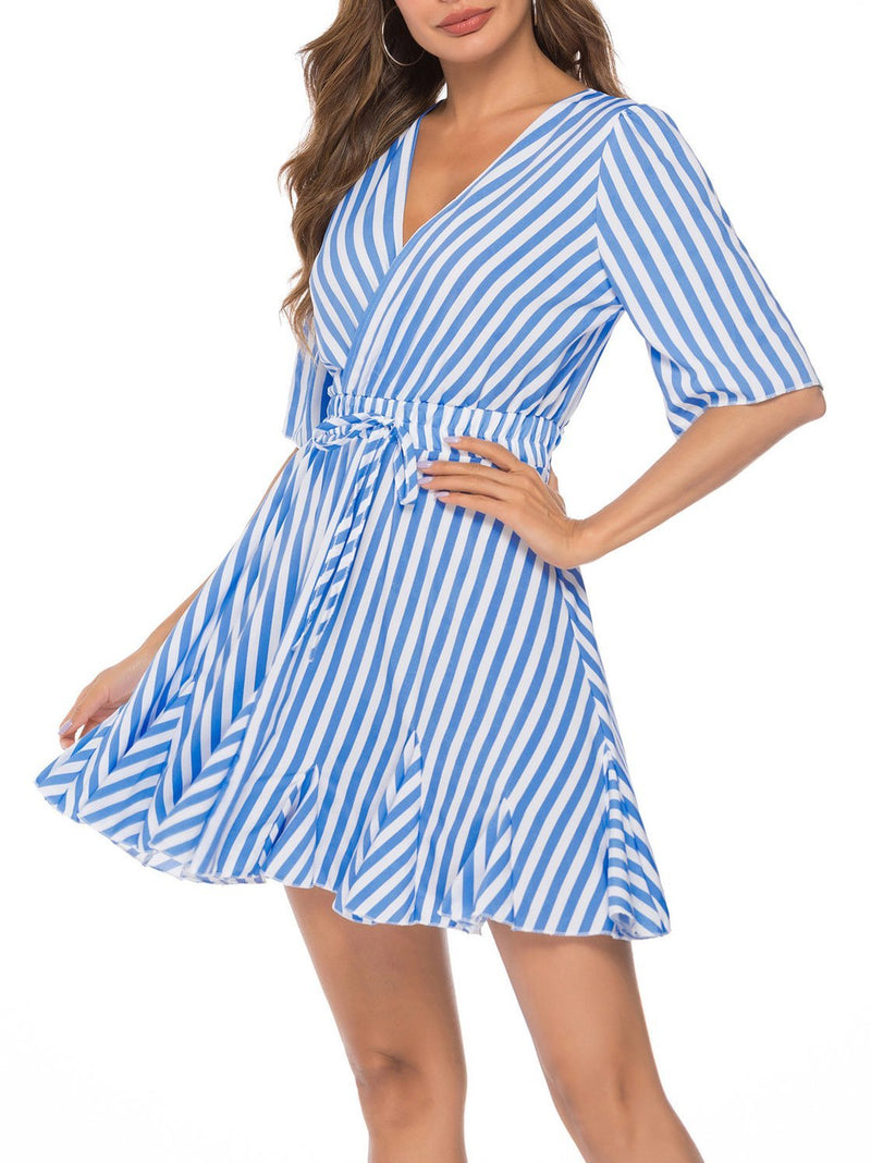 Summer V-neck Striped Belt Mini Dress - Mini Dresses - INS | Online Fashion Free Shipping Clothing, Dresses, Tops, Shoes - 03/06/2021 - Color_Blue - DRE2106030008