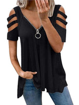 Summer Womens Zipper Up Deep V Neck T-shirts - T-shirts - INS | Online Fashion Free Shipping Clothing, Dresses, Tops, Shoes - 12/05/2021 - 120521 - Color_Black