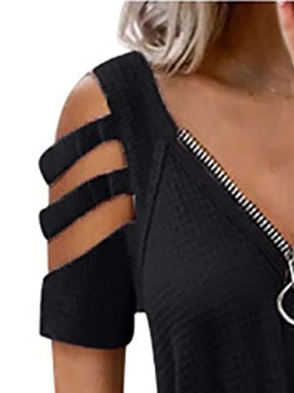 Summer Womens Zipper Up Deep V Neck T-shirts - T-shirts - INS | Online Fashion Free Shipping Clothing, Dresses, Tops, Shoes - 12/05/2021 - 120521 - Color_Black