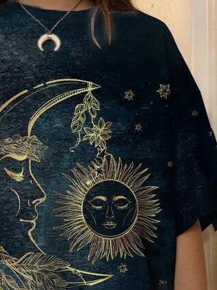 Sun & Moon Print Fashion Round Neck Women's T-shirt - T-shirts - INS | Online Fashion Free Shipping Clothing, Dresses, Tops, Shoes - 06/07/2021 - 10-20 - color-dark-blue