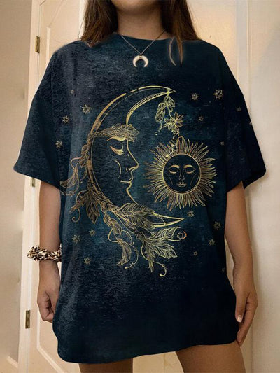 Sun & Moon Print Fashion Round Neck Women's T-shirt - T-shirts - INS | Online Fashion Free Shipping Clothing, Dresses, Tops, Shoes - 06/07/2021 - 10-20 - color-dark-blue