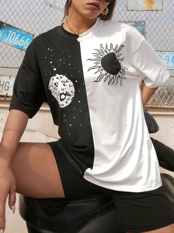 Sun & Moon Print Loose Short Sleeve Long T-Shirts - T-Shirts - INS | Online Fashion Free Shipping Clothing, Dresses, Tops, Shoes - 14/05/2021 - 140521 - Category_T-shirts