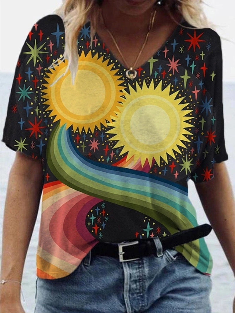 Sun Painting Print Short-sleeved T-shirt - T-shirts - INS | Online Fashion Free Shipping Clothing, Dresses, Tops, Shoes - 09/06/2021 - Color_Black - Size_2XL