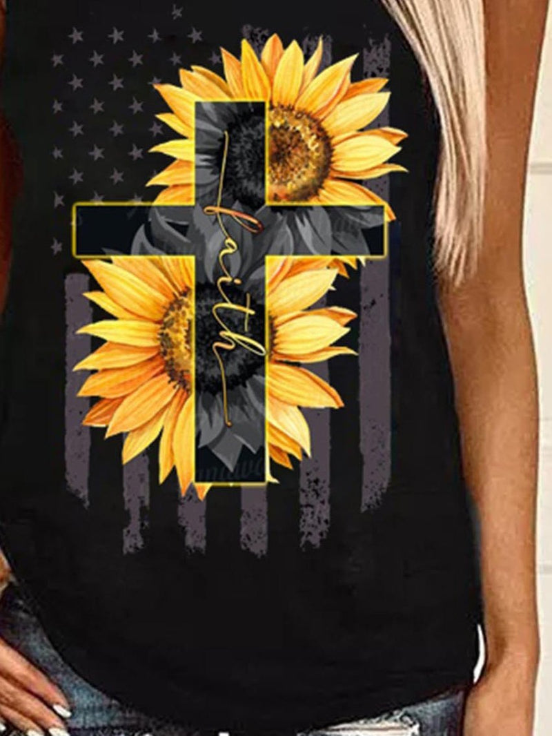 Sunflower Cross Print Round Neck Sleeveless Tank Tops - Tank Tops - INS | Online Fashion Free Shipping Clothing, Dresses, Tops, Shoes - 10/06/2021 - Category_Tank Tops - Color_Black