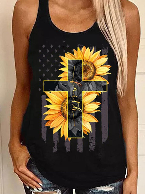 Sunflower Cross Print Round Neck Sleeveless Tank Tops - Tank Tops - INS | Online Fashion Free Shipping Clothing, Dresses, Tops, Shoes - 10/06/2021 - Category_Tank Tops - Color_Black