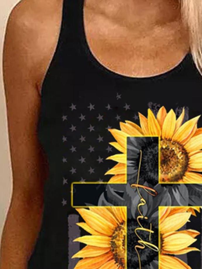 Sunflower Cross Print Round Neck Sleeveless Tank Tops - Tank Tops - INS | Online Fashion Free Shipping Clothing, Dresses, Tops, Shoes - 10/06/2021 - Category_Tank Tops - Color_Black