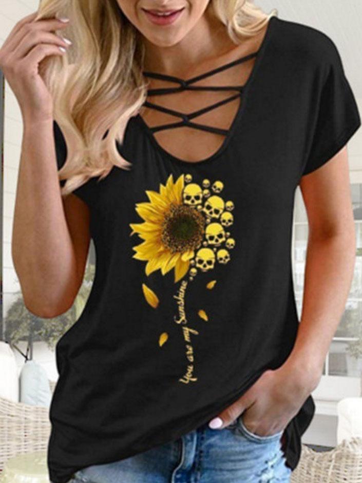 Sunflower Print Casual Short-sleeved T-shirt - T-shirts - INS | Online Fashion Free Shipping Clothing, Dresses, Tops, Shoes - 08/06/2021 - Color_Black - Color_Red