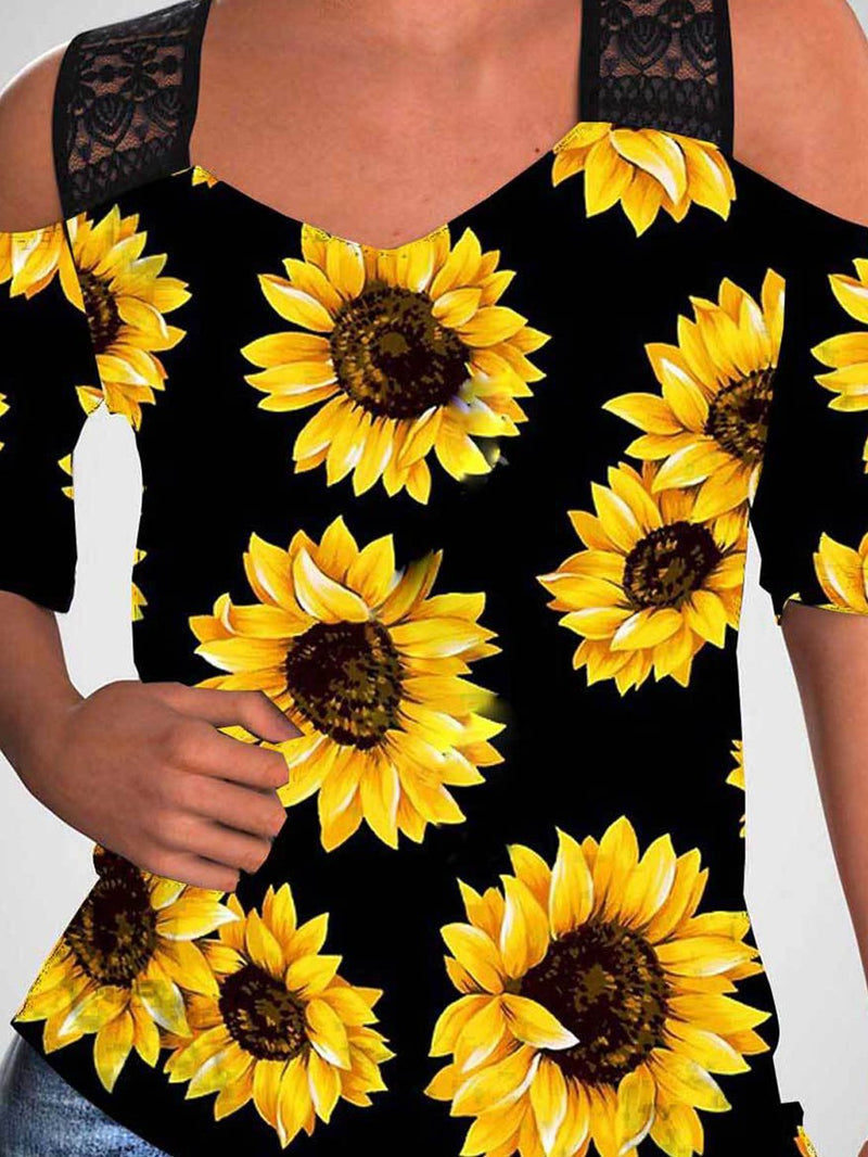 Sunflower Print Off-shoulder Hollow Wide Shoulder Strap T-shirt - T-Shirts - INS | Online Fashion Free Shipping Clothing, Dresses, Tops, Shoes - 24/05/2021 - Category_T-Shirts - Color_Black