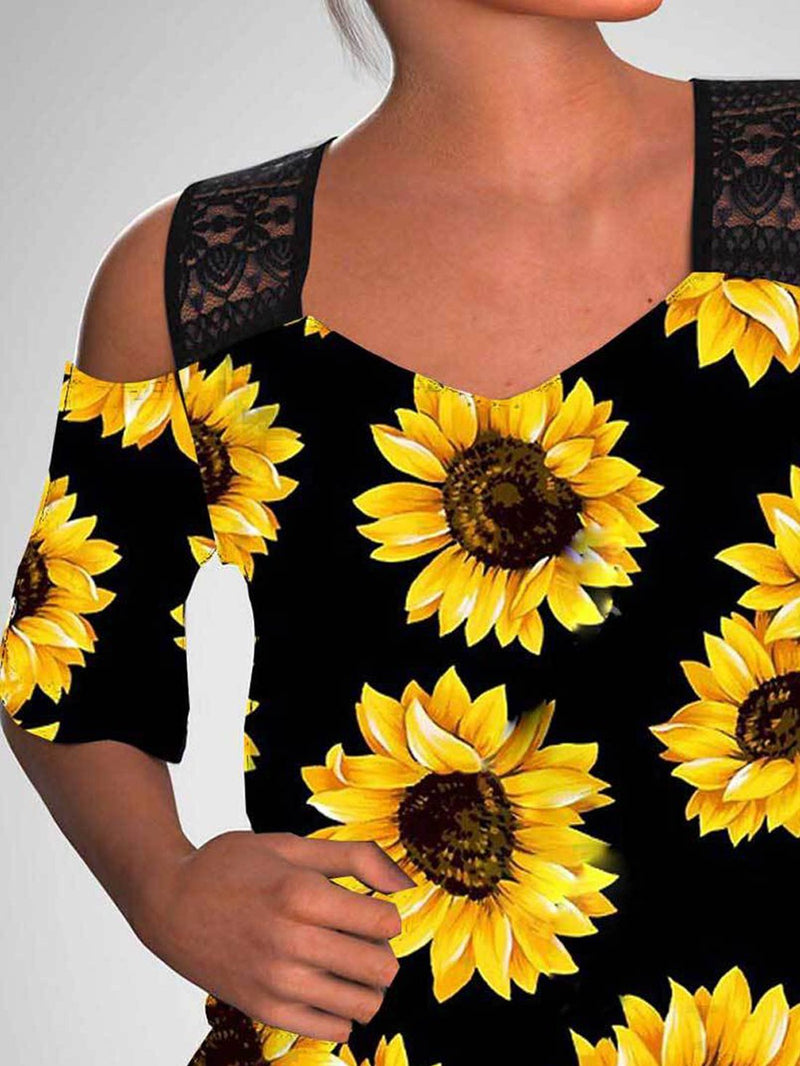 Sunflower Print Off-shoulder Hollow Wide Shoulder Strap T-shirt - T-Shirts - INS | Online Fashion Free Shipping Clothing, Dresses, Tops, Shoes - 24/05/2021 - Category_T-Shirts - Color_Black