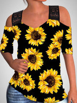 Sunflower Print Off-shoulder Hollow Wide Shoulder Strap T-shirt - T-Shirts - INS | Online Fashion Free Shipping Clothing, Dresses, Tops, Shoes - 24/05/2021 - Category_T-Shirts - Color_Black