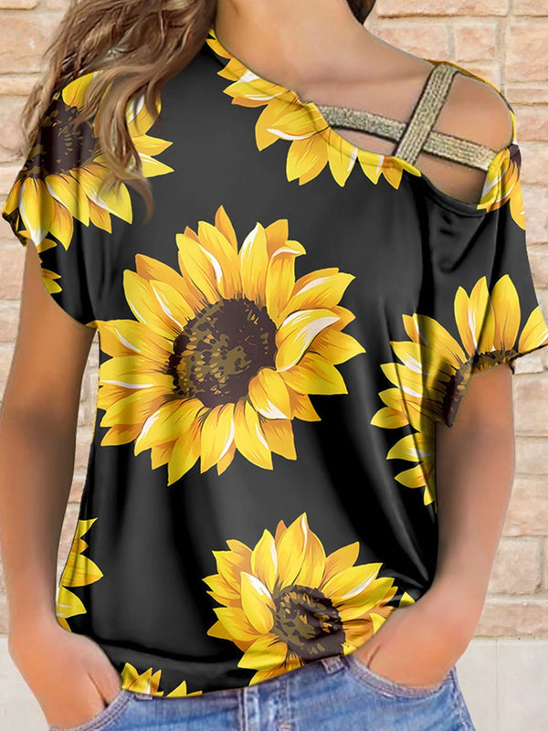 Sunflower Print Off-shoulder T-shirt - T-Shirts - INS | Online Fashion Free Shipping Clothing, Dresses, Tops, Shoes - 24/05/2021 - Category_T-Shirts - Color_Black